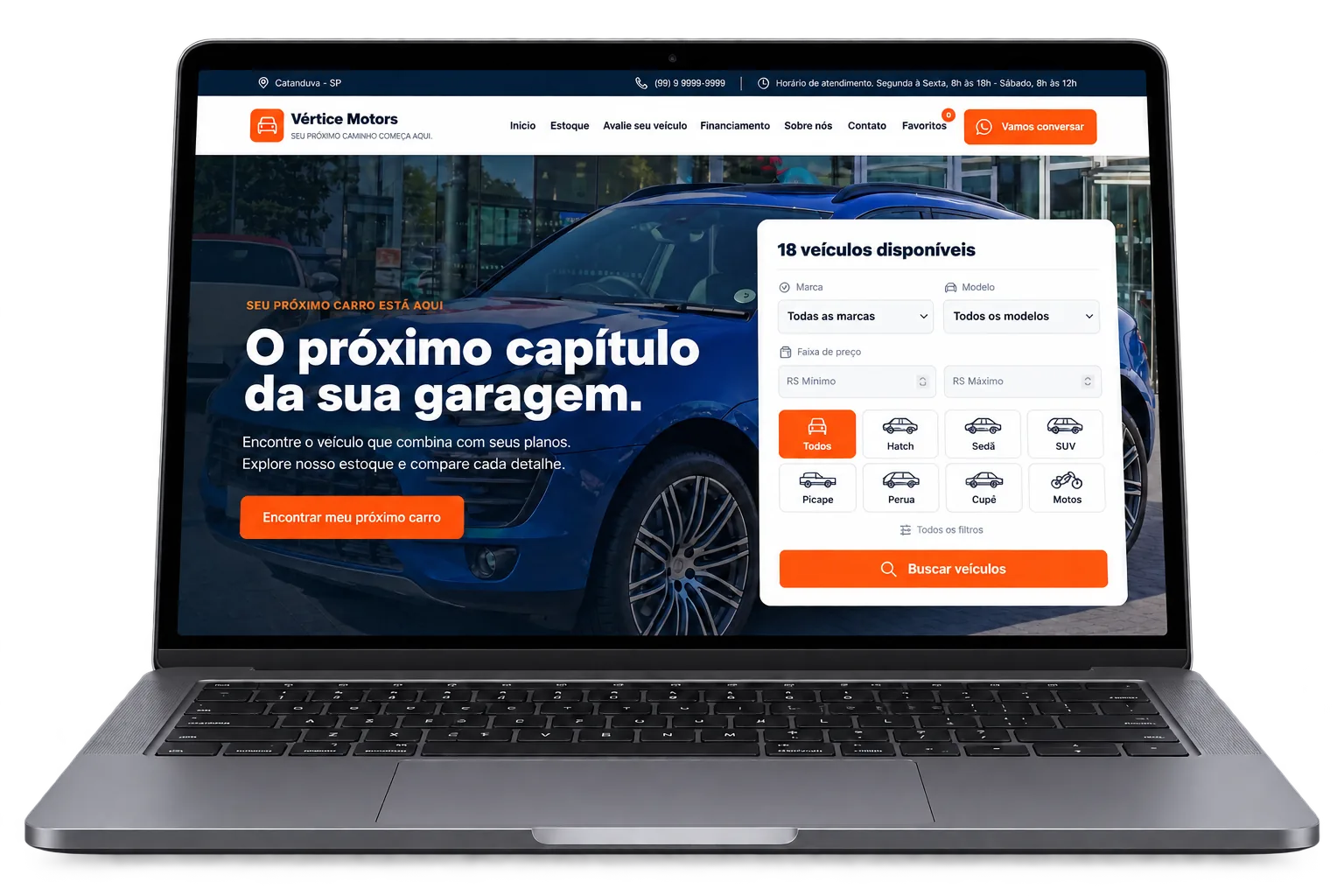 Notebook com a página inicial atualizada da Vértice Motors